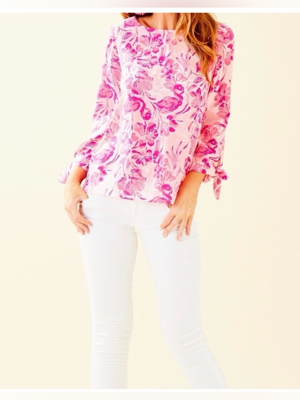 Lilly Pulitzer Langston Top Pink Flamingo with Bow-Tie Sleeves, Size Small - Picture 3 of 10